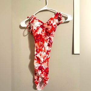 pink and red tie dye one piece bathing suit
